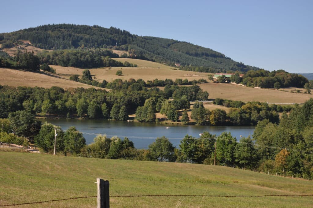 Paysage d'été ensoleillé avec un lac entouré de forêts vertes et de champs dorés. Des collines boisées s'étendent sous un ciel bleu, avec des pédalos sur l'eau.